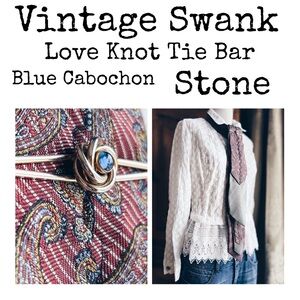 Vintage Swank Love Knot Tie Bar- Blue Cabochon Stone
